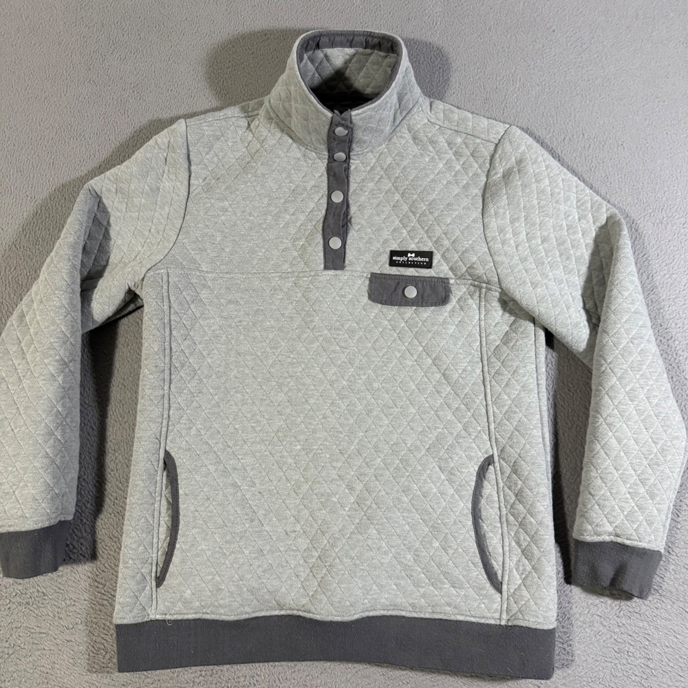 Simply Southern Quilted Pullover Gray Button Mock‎ Neck Long Sleeve Women's Med